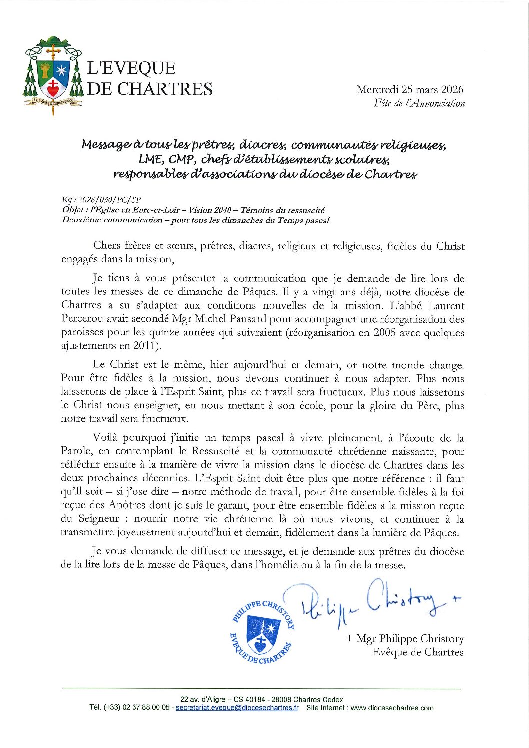 Message de Pâques Mgr Christory