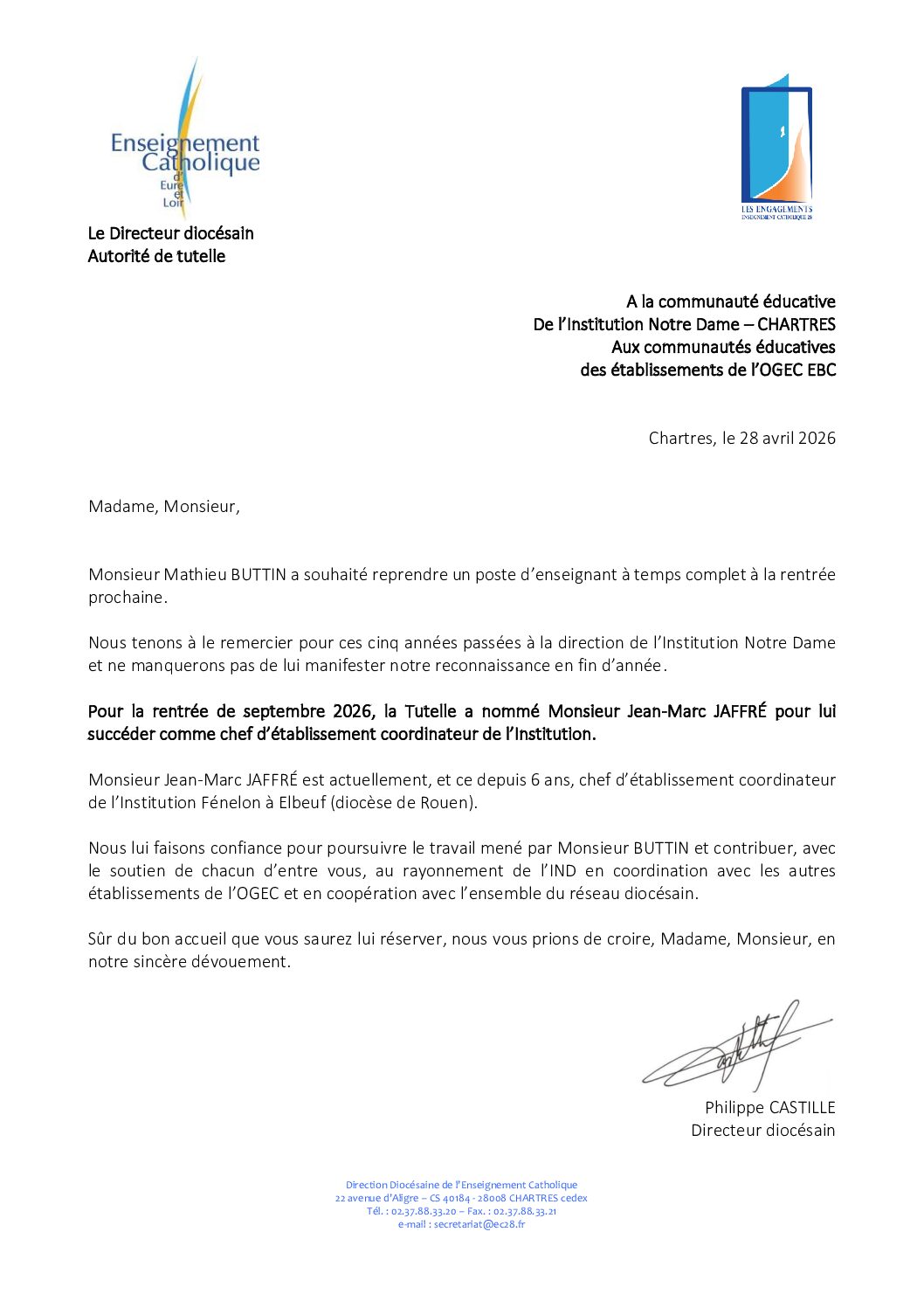 Nouveau chef d'établissement coordinateur de l'Institution Notre Dame à Chartres