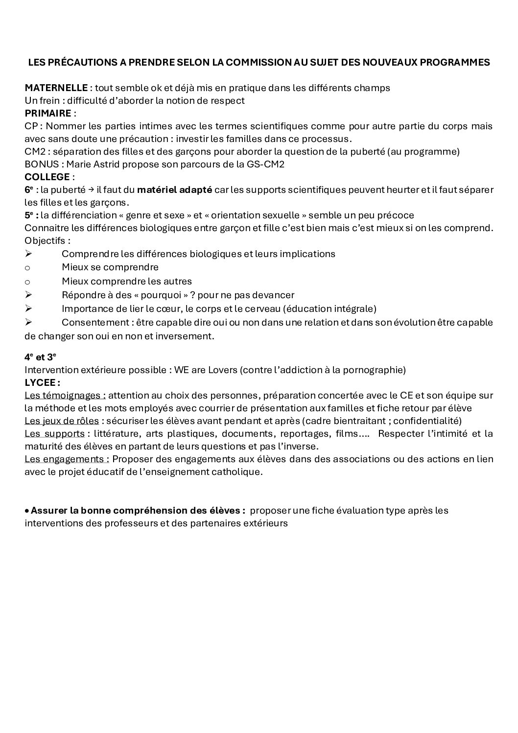Précautions pour la mise en œuvre des programmes EVAR-S