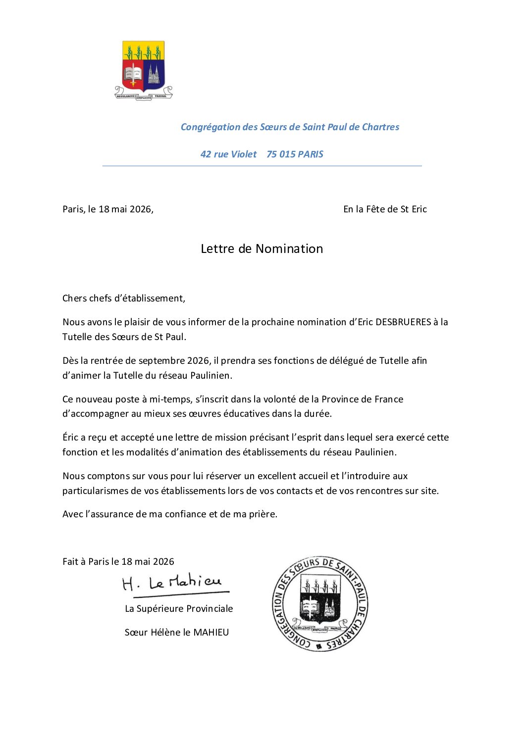 Nomination Monsieur Eric Desbrueres